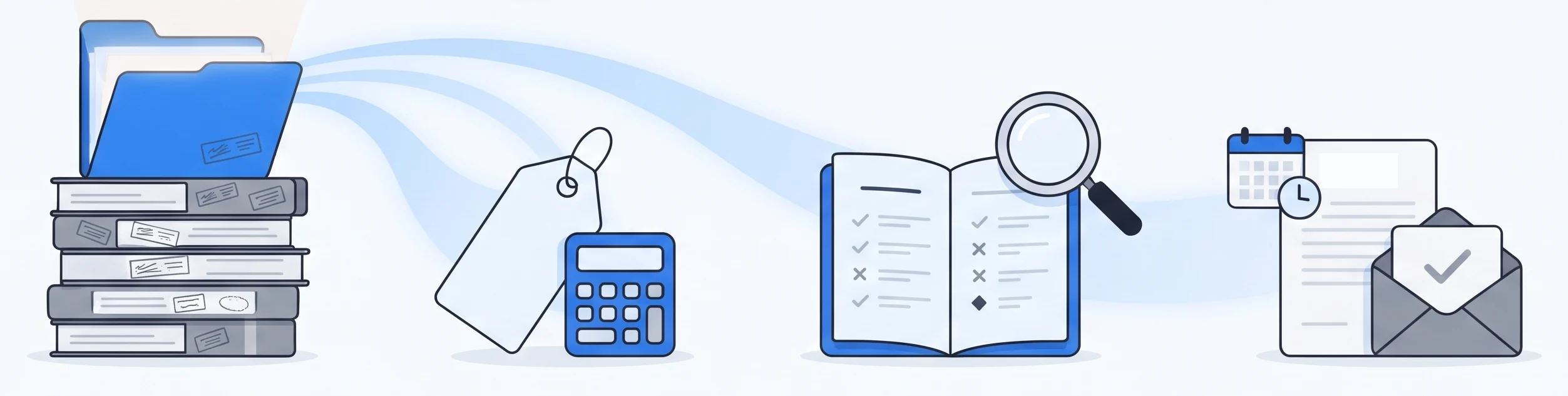A stack of filings opens; three paths lead to a price tag and calculator, a policy booklet under a magnifying glass, and a claim form with a calendar and an approved envelope