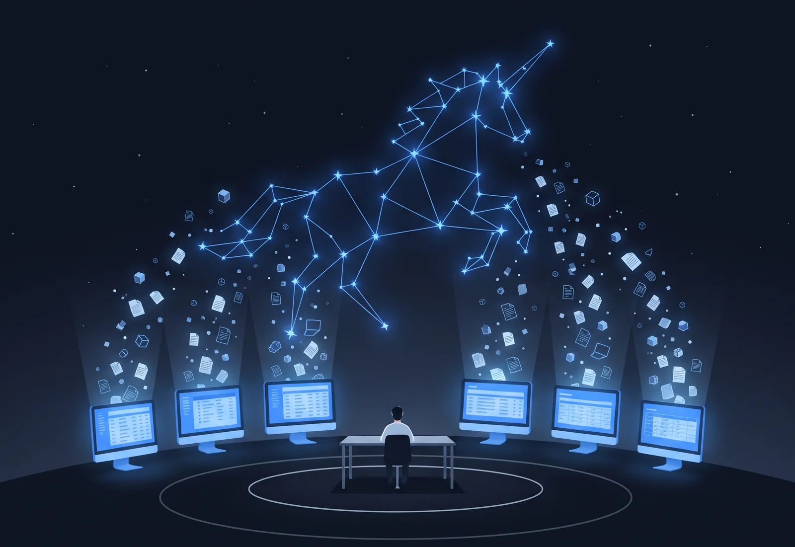 One person at a desk; documents rise from surrounding computers into a unicorn constellation